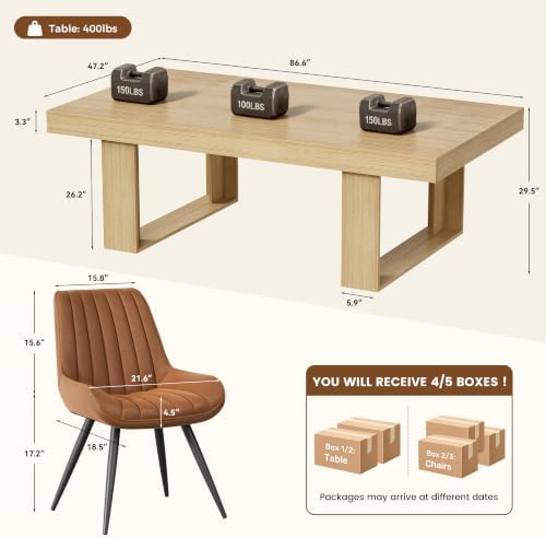 Miereirl 9-Piece Modern Farmhouse Dining Table Set, 86.6" x 47.2" Sturdy Stable Dining Table with 8 Chairs, Rectangular Kitchen Table Set for 8,(Natura Table+8 Brown Chairs)