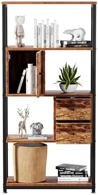 VECELO 5-Tier Bookshelf,Bookcase with Drawers and Cabinet,62"x 31"x 12",Wooden Book Shelves with Metal Frame,Open Storage Shelf for Living Room, Bedroom,Office,Kichen，Brown