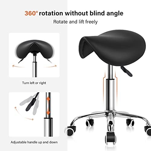 KKTONER Rolling Saddle Stool PU Leather Swivel Adjustable Rolling Stool with Wheels Salon Chair Black