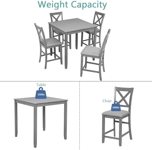 LUMISOL 5-Piece Solid Wood Table Set for 4, Farmhouse Counter Height Kitchen Dining Table Set with 4 Upholstered Chairs for Kitchen, Dining Room, Home Bar, Grey