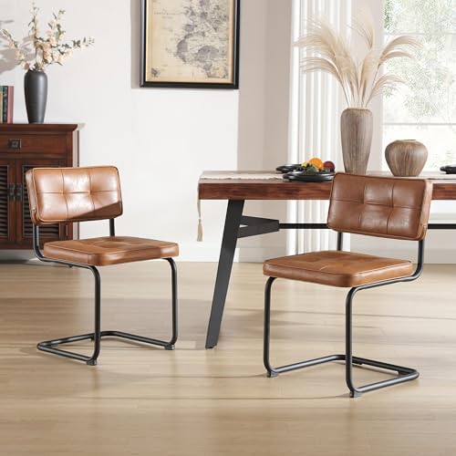Zesthouse Industrial Metal Dining Chairs Set of 2, Upholstered Leather Kitchen Chairs with Black Metal Base, for Kitchen & Dining Room Living Room, Mid Century Breuer Design Inspired, Armless, Brown