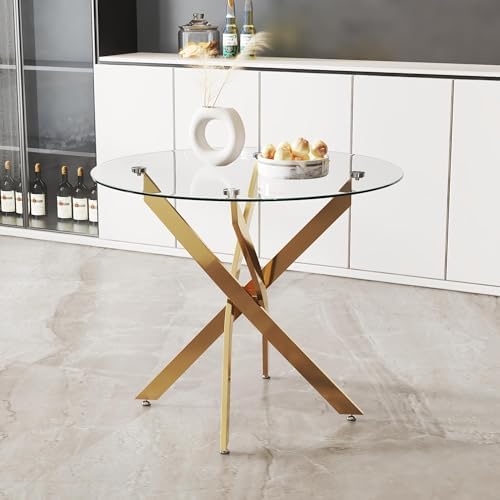 Round Tempered Glass Dining Table Set for 4, 5-Piece Modern Kitchen Table Set with 4 High-Back Upholstered Chair for Kitchen Dining Room (Gold Leg Table with Gold Leg Chairs)