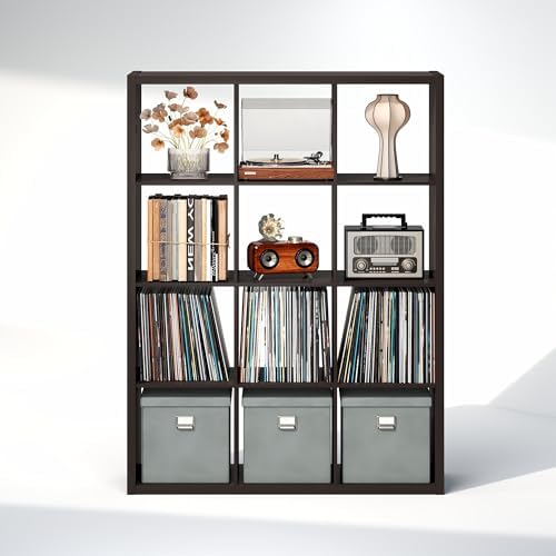 Furinno Cubicle Record Player Stand, 12-Cube Record Storage, Dark Oak