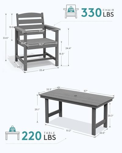 SERWALL 7 Pcs Outdoor Dining Set, 67" HDPE Dining Set for 6, Gray