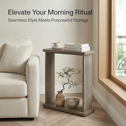 Narrow Side Table, 7.9" Slim End Table, Oak