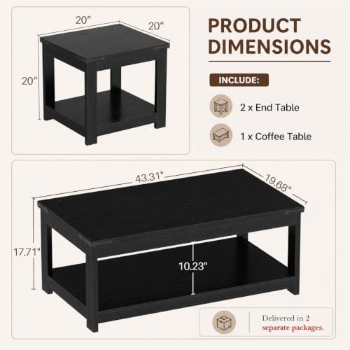 Homieasy 3-Piece Living Room Table Set: Coffee Table & 2 End Tables, Black