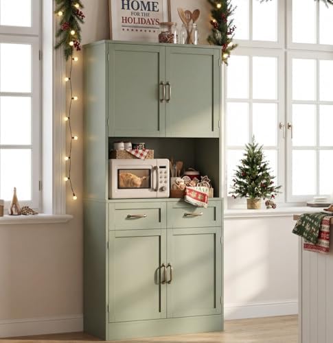 HOSTACK 71" Tall Kitchen Pantry Storage Cabinet, Wood Kitchen Hutch, Green