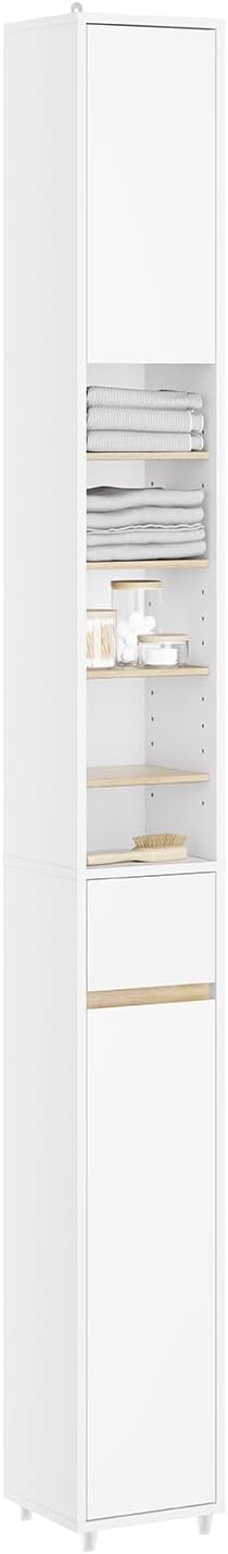 SoBuy Tall Bathroom Storage Cabinet, Narrow, White & Natural