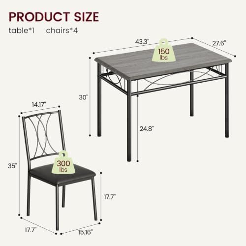 CABIHOME Dining Table Set - 5 Piece Rectangle Kitchen Table with 4 Upholstered Chairs, Perfect for Small Spaces & Apartments - Retro Gray