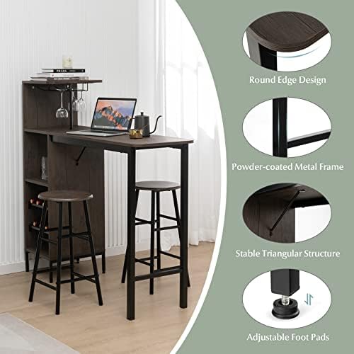 GIANTEX 3 Pieces Bar Table and Stools Set, Bistro Table Set with Glass Holder, 2 Tier Wine Rack & Storage Shelves, Kitchen Counter Table with 2 Stools for Home, Dining Room, Restaurant, Pub (Brown)