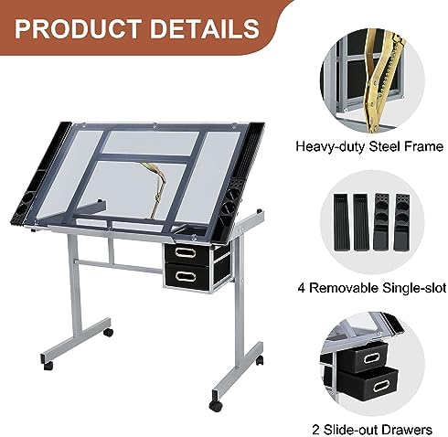 Nova Microdermabrasion Glass Top Drafting Table with Storage, Adjustable Drawing Desk Rolling Art Craft Station Writing Work Table with Drawers & Wheels