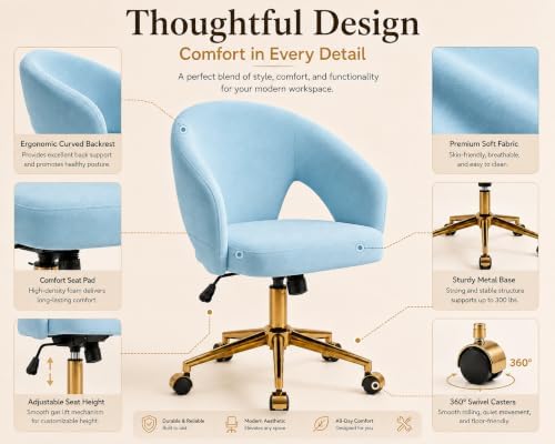 Velvet Vanity Armchair with Wheels, Comfy Upholstered Desk Seat ,Bule