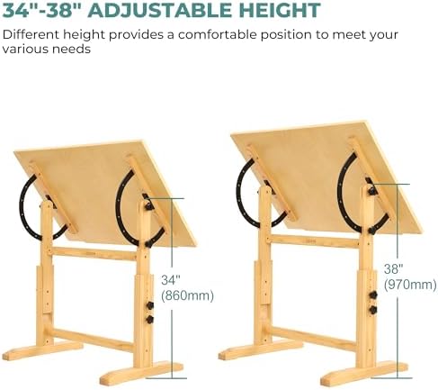 VISWIN Wood Drafting Table for Adults, 24'' x 35" Drawing Table with Adjustable Height & Angle for Art Studio, Solid Pine Wood Artist Desk for Drawing, Drafting, Writing, Reading, Sketching