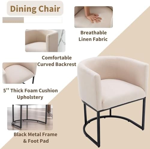 HNY Mid Century Modern Upholstered Barrel Dining Chairs with Arms Set of 6, Linen Kitchen & Dining Room Chairs, 18.5" Wide Accent Chairs for Dining Room Living Room with Black Metal Frame, Cream