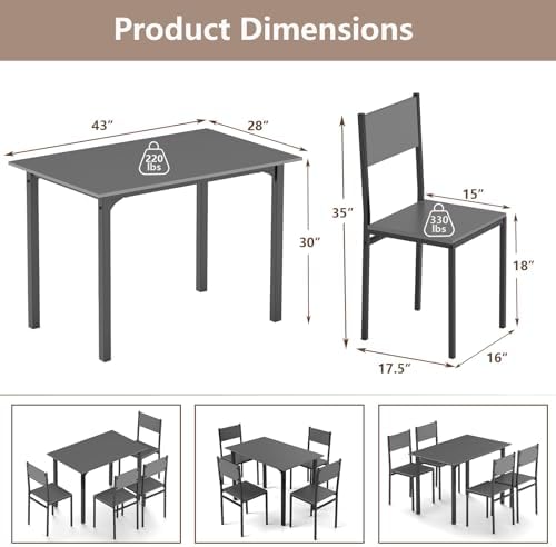 GOFLAME 5-Piece Dining Table Set, Industrial Kitchen Table and Chairs for 4 with Backrest and Metal Frame, Rectangular Space-Saving Dinette Set for Dining Room, Apartment, Small Space, Grey