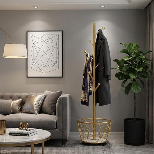Gold Moveable Tree Metal Coat Rack with Basket Freestanding 65"