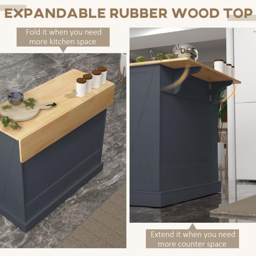 HOMCOM Rolling Kitchen Island with Drop Leaf Wood Breakfast Bar, Dark Gray