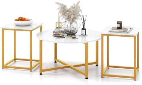 GIANTEX Round Nesting Table Set of 3, Wood Living Room Table Set, White