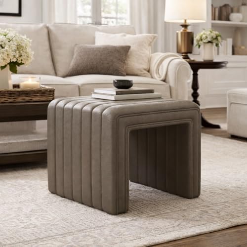 HomePop 19" Modern Channel Tufted Ottoman - Pewter Gray Faux Leather