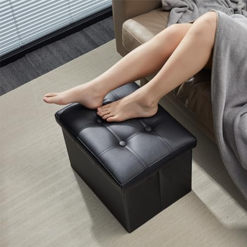 AmasSmile Ottoman with Storage,Folding Chest,17" Leather,Black 2 Pack