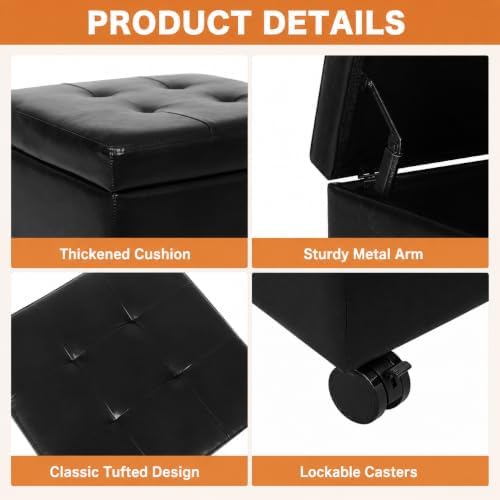 Adeco 17" Storage Ottoman Modern Tufted Faux Leather with Wheels, Black