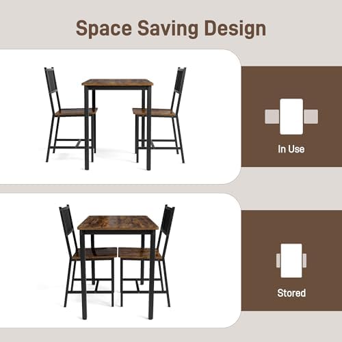 3-Piece Dining Table Set for 2, Space-Saving Kitchen Table Set for Small Spaces, Industrial Breakfast Table for Apartment, Studio & Nook, Natural Wood & Metal,Brown