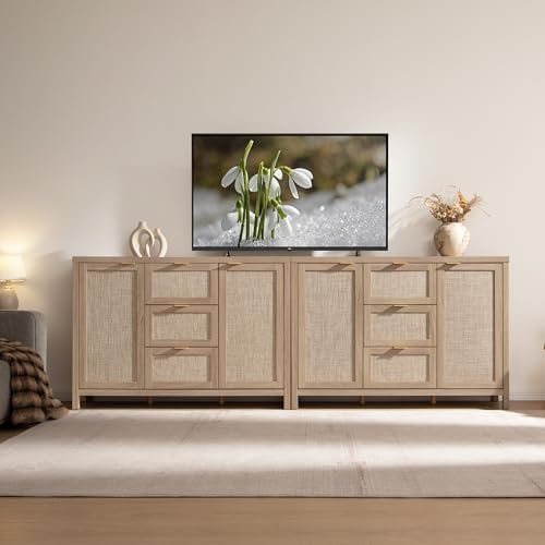 SICOTAS 52 Inch Rattan Sideboard Buffet Storage Cabinet with 3 Drawers