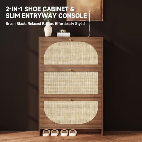 Nicetree Rattan Arched Accent Shoe Storage Cabinet - Freestanding Ultra Slim for Entryway, 3 Flip Drawers & 3-Tier Adjustable Shelves, Farmhouse Modern Rustic Shoe Rack for Hallway, Foyer, Living Room