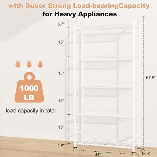 VTRIN Storage Shelves, 5 Tier Garage Shelving with Leveling Feet, Sturdy Metal Shelf Organizer Standing Heavy Duty Shelving Unit for Pantry, Kitchen, Room, 34" W x 13.4" D x 67.5" H, White