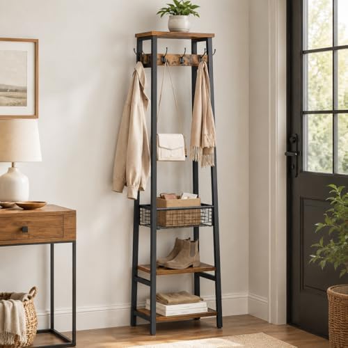 Coat Rack with Metal Basket and Storage Shelves
