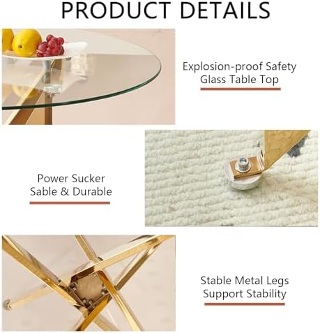 36" Modern Gold Glass Dining Room Table Set for 4, 5-Piece Round Kitchen Dining Table Set with Cross Metal Legs and 4 Beige Velvet Upholstered Chairs, Glass Kitchen Table and Chairs Set