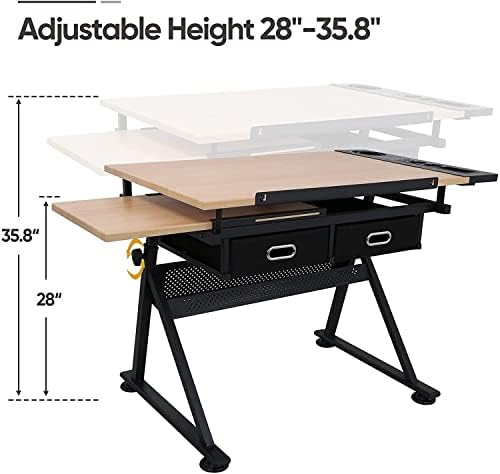 JupiterForce Drafting Table Art Desk with 2 Storage Drawers, Height Adjustable Drawing Table for Painters, Working, Writing, Home Office, Natural