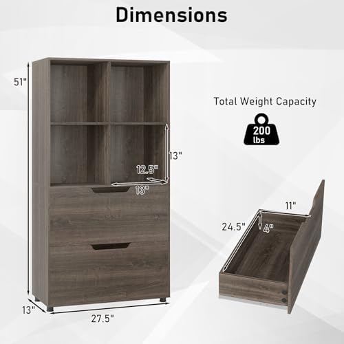 GIANTEX Bookshelf with 4 Cubes & 2 Drawers, 51” Tall Floor Bookcase with Anti-tip Kits, Freestanding Display Rack Storage Organizer for Study, Living Room, Home Office (1, Grey)