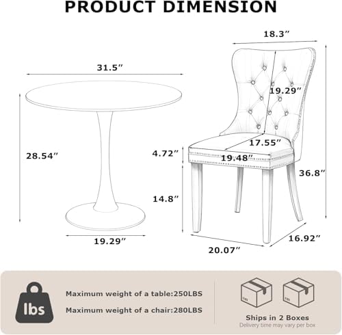 3-Pieces Dining Sets, 31.5" Round Dining Table with 2 Velvet Upholstered Dining Chairs,Silver Plated Legs Design for Kitchen Dining Room Apartment(1 Black Table with 2 Purple Chairs)