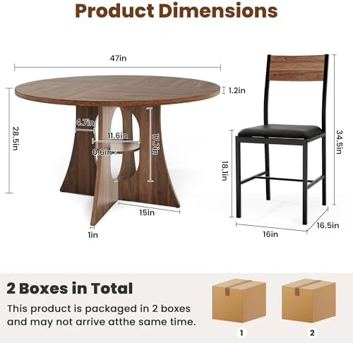 Pamapic Dining Table Set for 6, 47" Round Dining Table with Chairs, Cross Base Design, Storage Shelf, Durable Wood Grain, Space-Saving Kitchen Table and Chairs for Dining Room & Living Room, Walnut