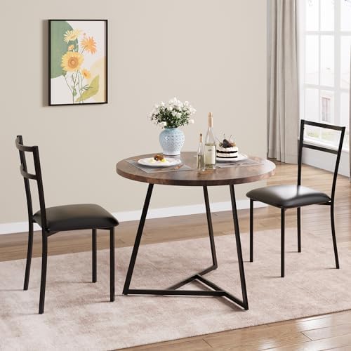GAOMON Dining Table Set for 2, Kitchen Table and Chairs for 2 with Upholstered Chairs, 3 Piece Dining Room Table Set, Round Kitchen Table Set for Small Space, Apartment, Studio, Rustic Brown