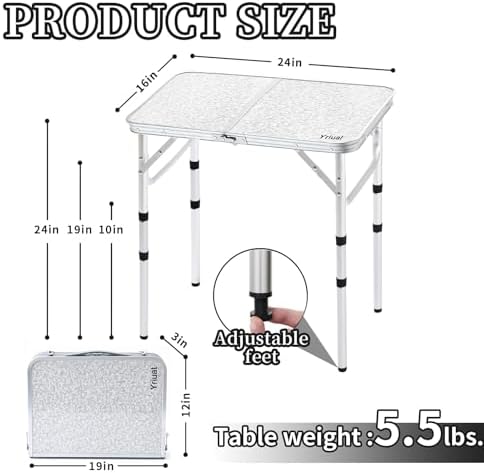 Folding Camping Table, Adjustable Height Portable Picnic Table, 24"x 16"