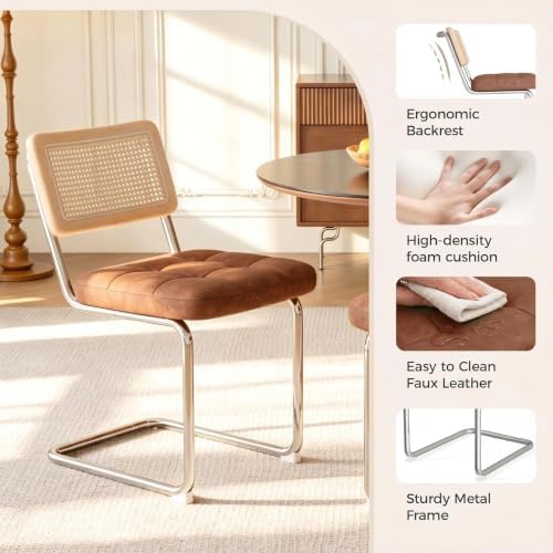 Rattan Dining Chairs, Faux Leather Dining Chairs Set of 2, Brown