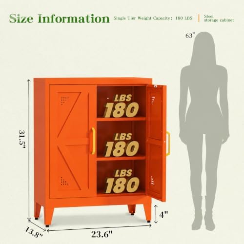 Metal Storage Cabinet with Adjustable Shelves and Doors, Orange