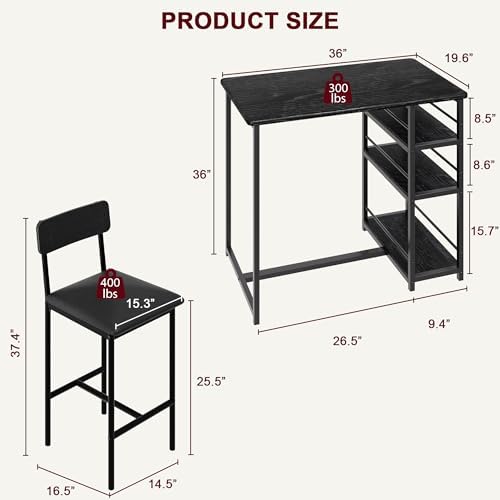 Dining Table Set for 2 with 3 Storage Shelves, 3-Piece Counter Height Kitchen Table Set with 2 Upholstered Bar Stools, Bar Table and Chairs Set for Small Space, Black