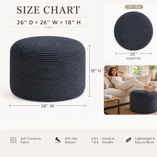 Round Stuffed Pouf Ottoman, Foot Stool Ottoman,Corduroy Poufs with Foam Chunk Filling, Furry and Fluffy Storage Ottomans, 26 X 18 Floor Poufs Foot Rest for Living Room,Gray