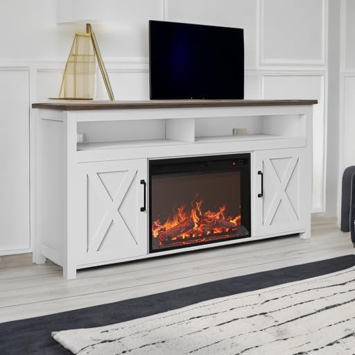 BELLEZE Corin 58" TV Stand with 23" Electric Fireplace - White