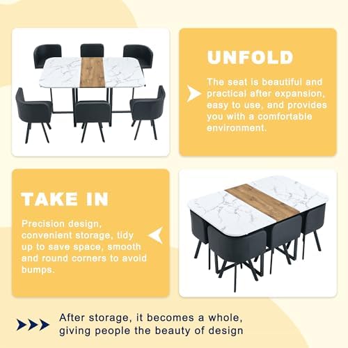 7-Piece Dining Table Set for 6,Modern Dining Table Set for 6 with Cushioned Chairs,59" White Kitchen Table Set for Home, Apartment,Office,Conference Room,Small Spaces, Space-Saving
