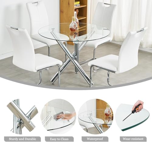 Modern Silver Round Glass Dining Table Set for 4, 36'' Luxury Minimalist Circle Dinette Room Set, 5 PCS Clear Circular Glass Top Kitchen Set, Black High-end Tufted Chairs, for Small Place