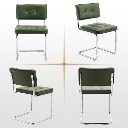 Zesthouse Faux Leather Dining Chairs Set of 4, Industrial Metal Chairs with Stainless Chrome Legs, Mid Century Modern Cesca Chair for Kitchen & Dining Living Room, Upholstered Armless Chair, Green