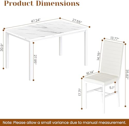 Hooseng Dining Table Set for 4, 5-Piece Faux Marble Dinner Table Set with 4 Upholstered PU Leather Chairs Kitchen Table Chairs Set Modern Space-Saving Dinette Set for Breakfast Nook Apartment White