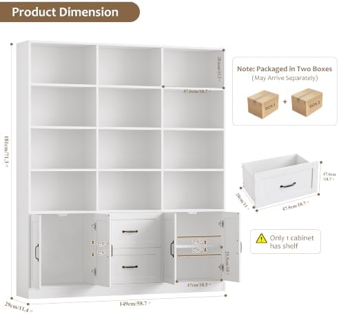 HOSTACK 71" Tall Triple Wide Bookshelf with Storage Drawers & Doors, White