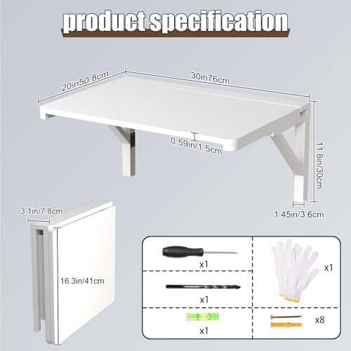 MM MELISEN Wall Mounted Folding Table, 29.5"L x 19.6"W, White, Space-Saving Design