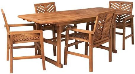 Walker Edison 4-6 Person Outdoor Wood Chevron Back Patio Furniture Dining Set Extendable Table Chairs All Weather Backyard Conversation Garden Poolside Balcony, 5 Piece, Brown