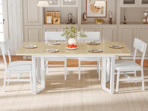 Itaar 5-Piece Dining Table Set for 4-6 People, 63" Extendable Kitchen Table and 4 Cushion Chairs, Dining Room Table with MDF Board & Metal Frame for Small Space, Easy Clean, Natural